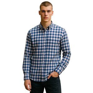 Michael Kors Gingham Plaid Dress Shirt Blue Size L Classic Coastal Quiet Luxury